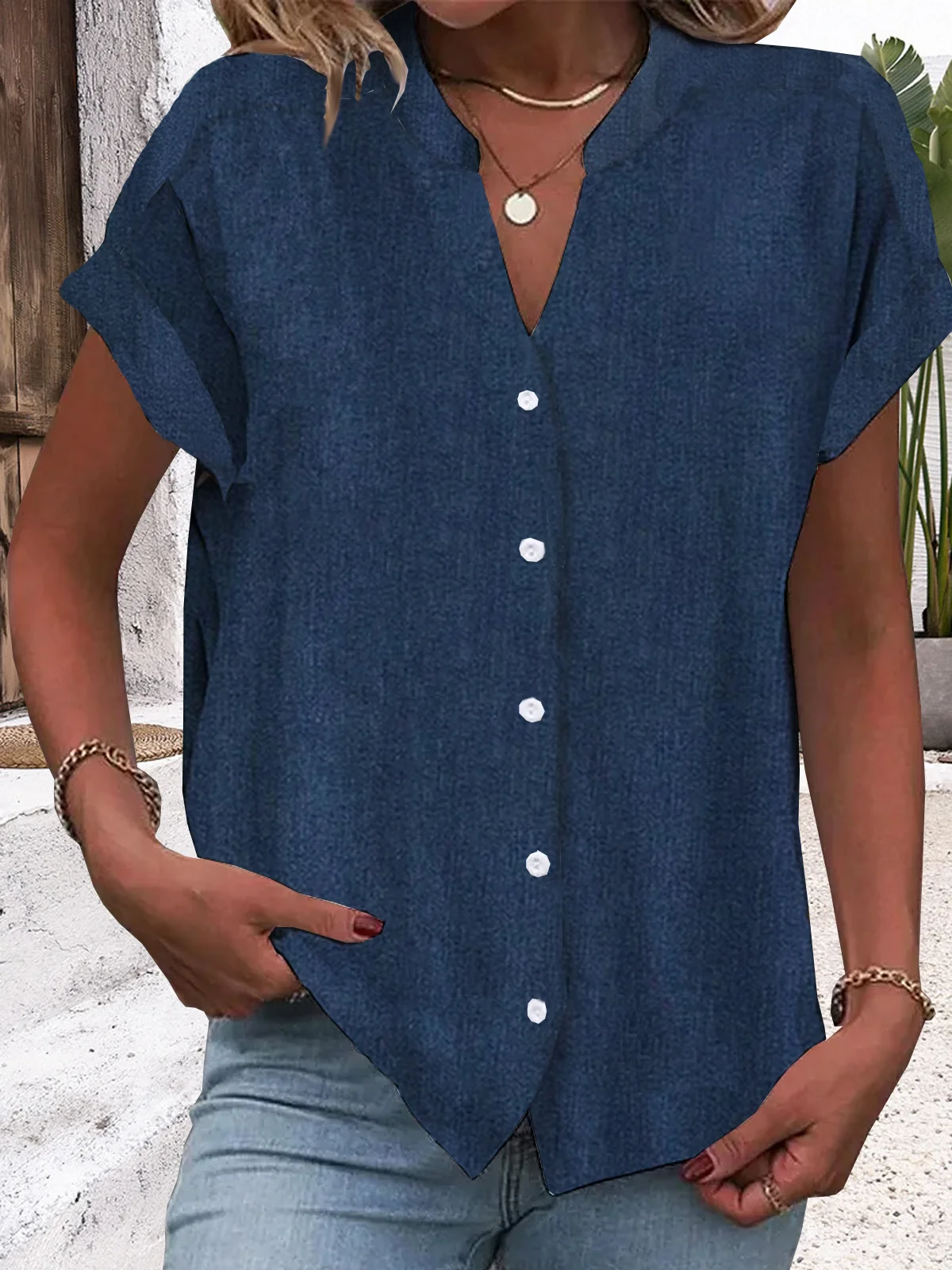 Casual V Neck Cotton Plain Blouse