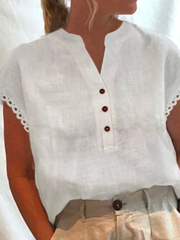 Cotton-Blend Plain Simple Linen Style Shirt
