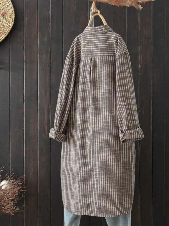 Simple Loose Shirt Collar Striped Linen Style Blouse
