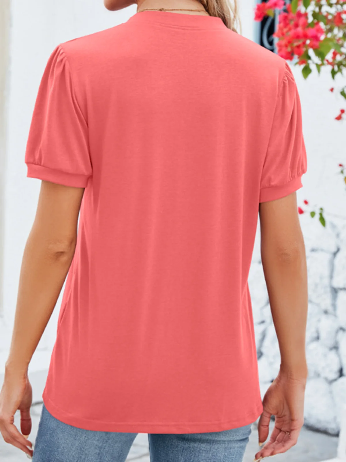 Women Plain V Neck Casual Short Sleeve T-shirt