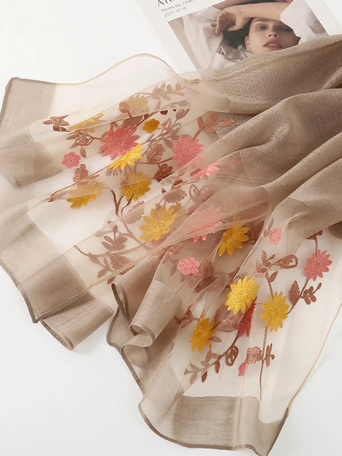 Elegant Floral Embroidery Imitation Silk Scarf