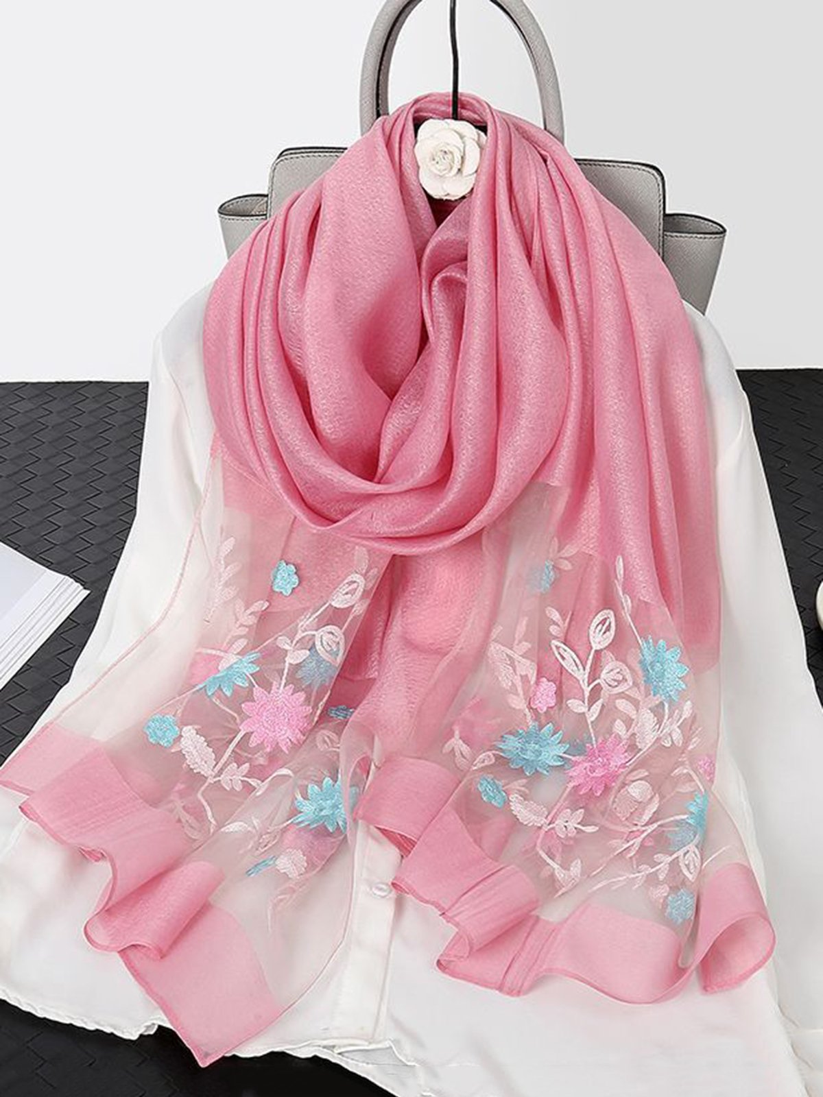 Elegant Floral Embroidery Imitation Silk Scarf