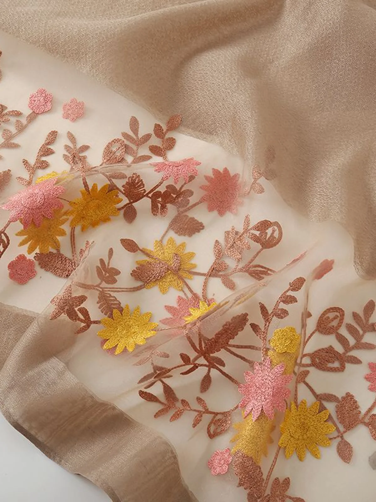 Elegant Floral Embroidery Imitation Silk Scarf