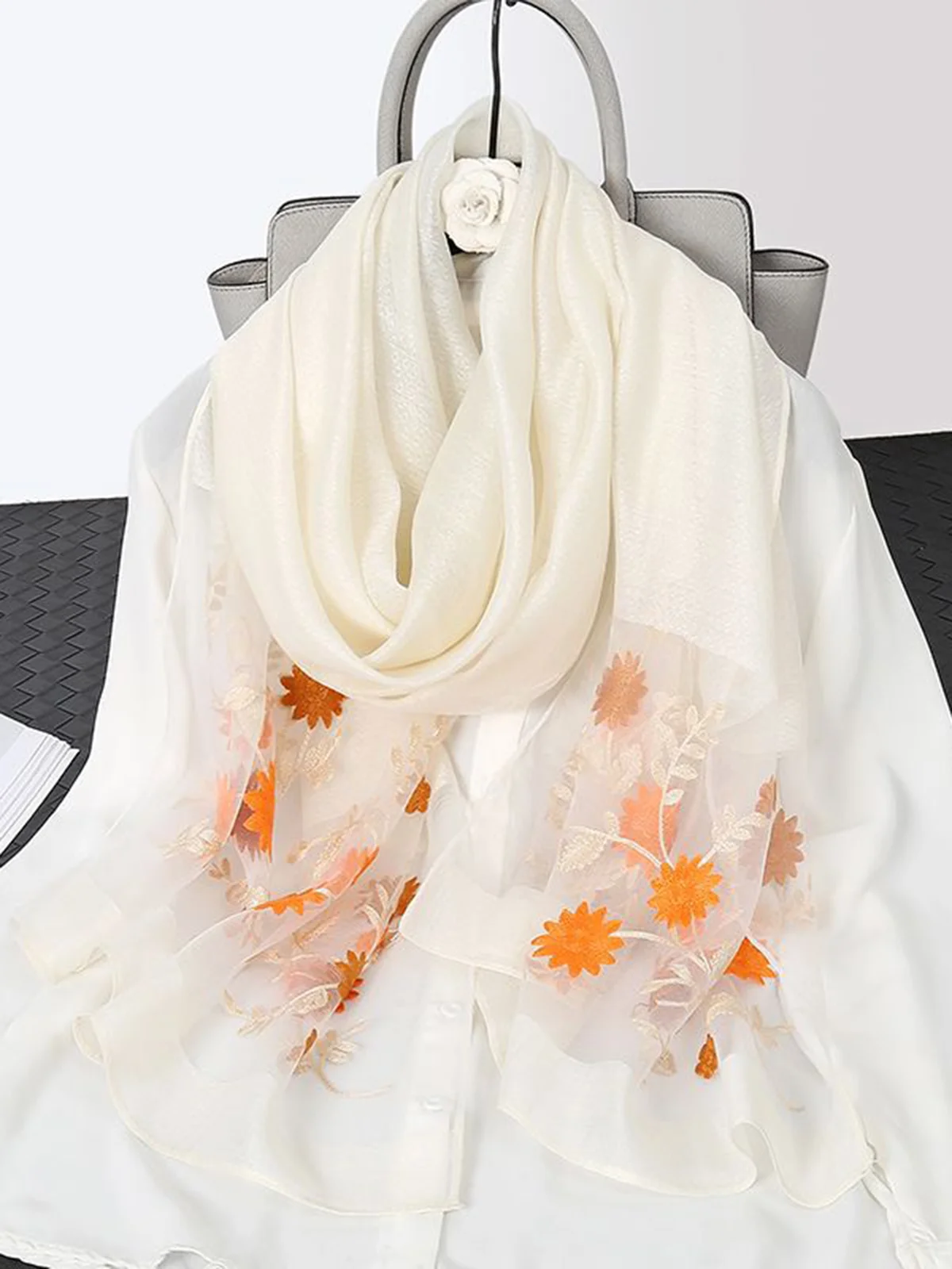 Elegant Floral Embroidery Imitation Silk Scarf