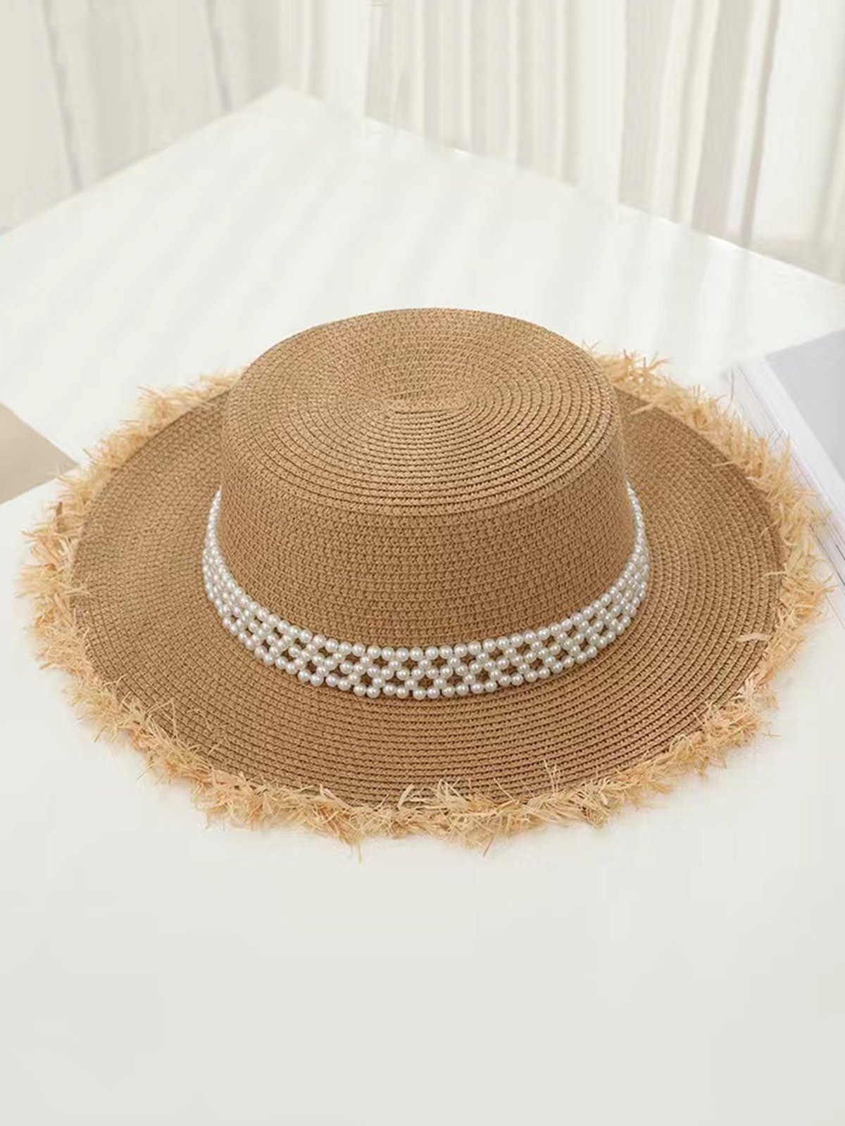 Beach Vacation Imitation Pearls Fringed Straw Hat