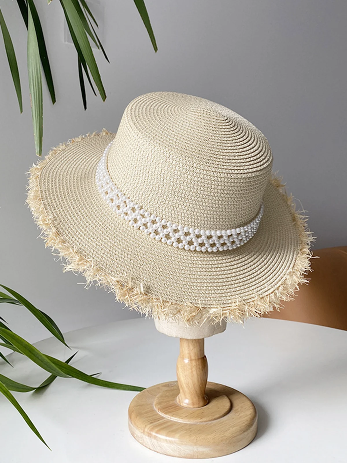 Beach Vacation Imitation Pearls Fringed Straw Hat
