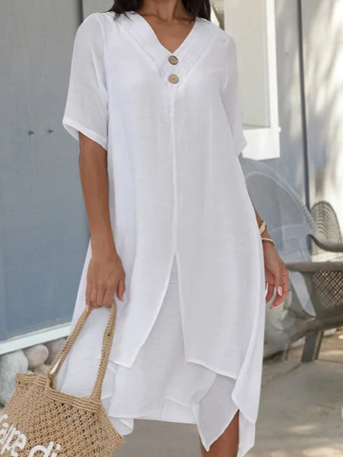 Loose V Neck Casual Linen Style Dress