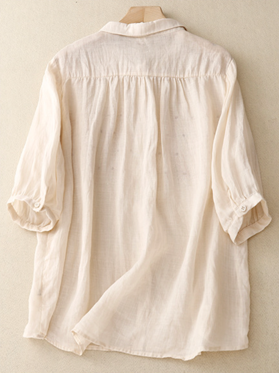 Shirt Collar Plain Simple Cotton-Blend Blouse