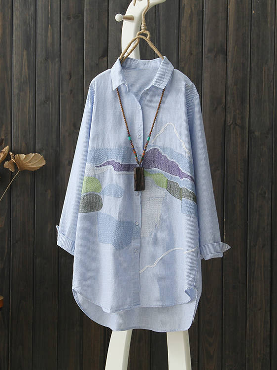 Shirt Collar Vacation Cotton-Blend Embroidery Patterns Blouse
