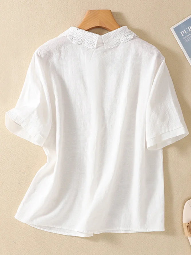 Shirt Collar Cotton-Blend Plain Simple Blouse