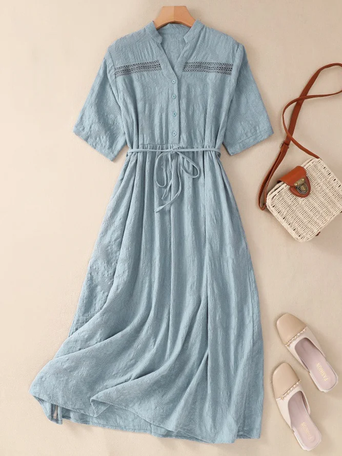 Plain Loose Simple V Neck Linen Style Dress With Belt