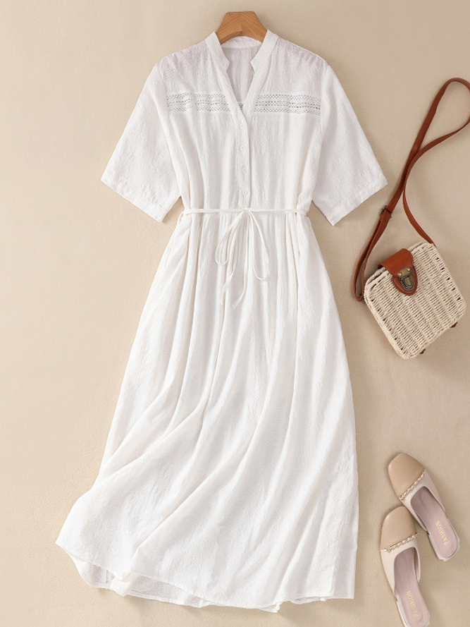 Plain Loose Simple V Neck Linen Style Dress With Belt