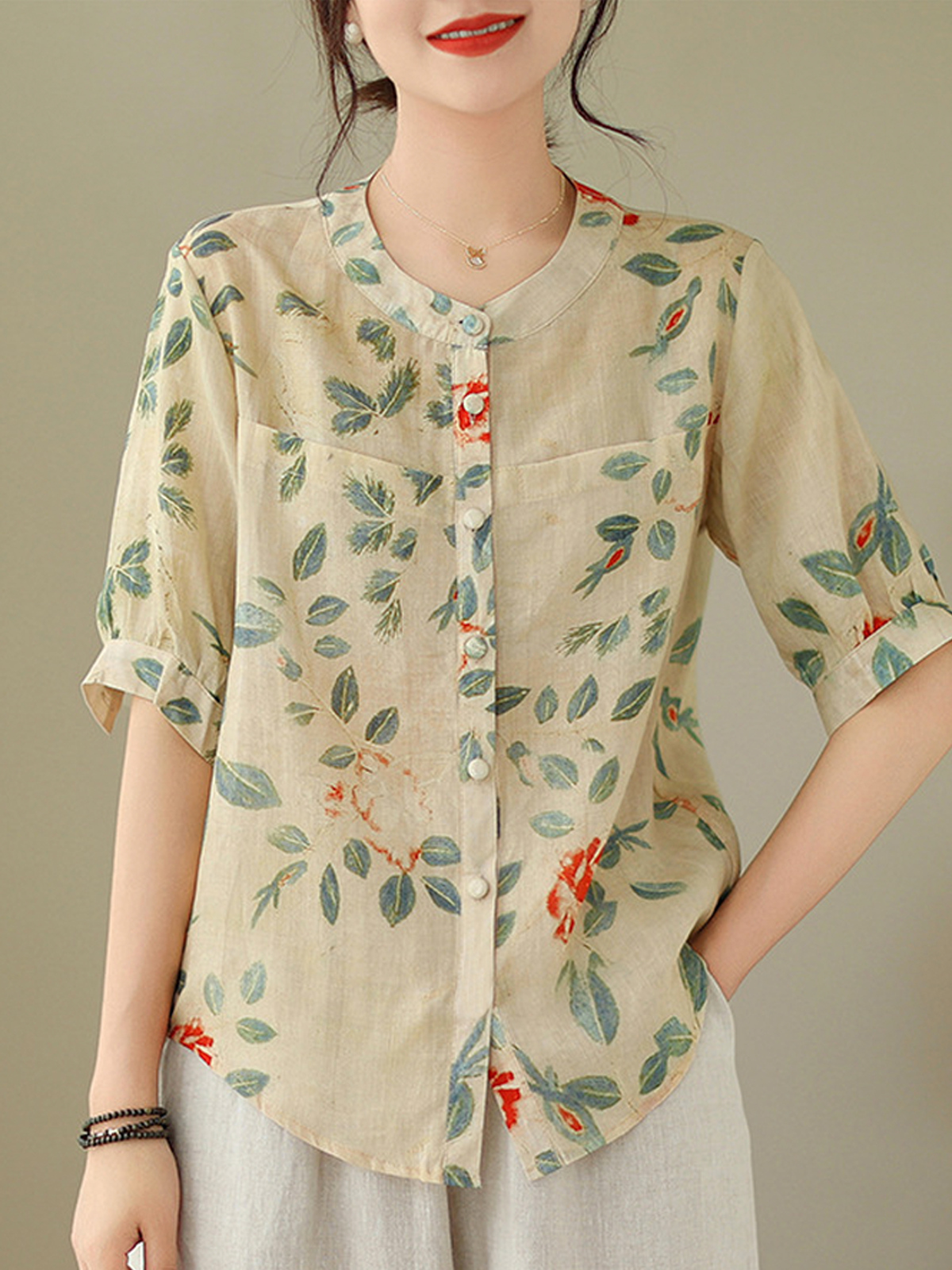 Shirt Collar Vacation Cotton-Blend Linen Style Blouse