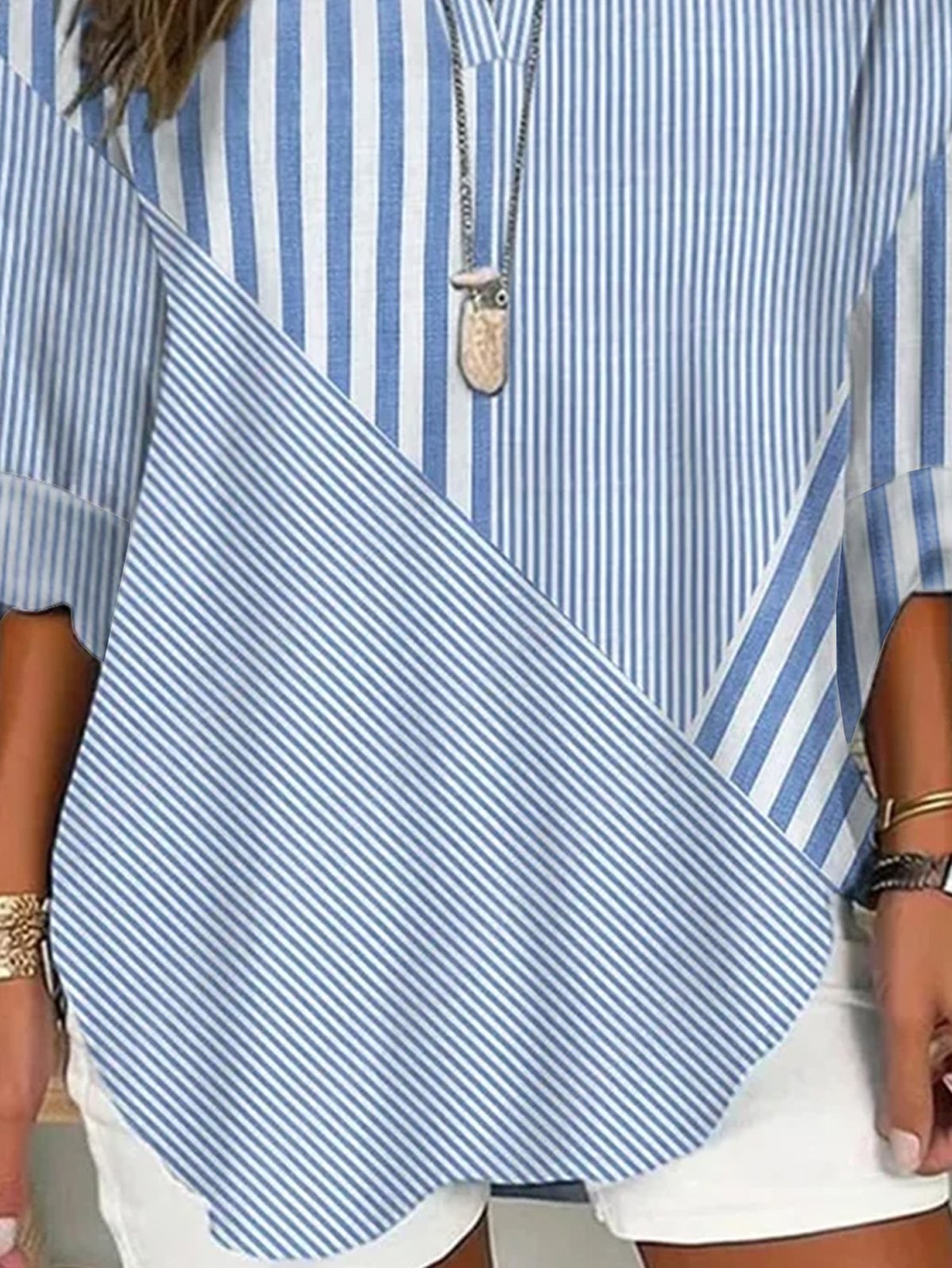Notched Loose Striped Casual Shirt