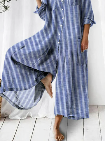 Shawl Collar Casual Loose Striped Jumpsuit
