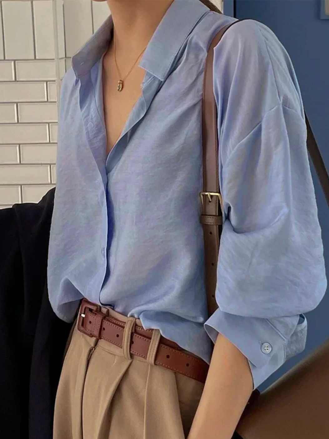 Shirt Collar Plain Casual Cotton-Blend Linen Style Blouse