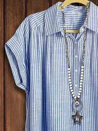Striped Linen Stand Collar Blouse