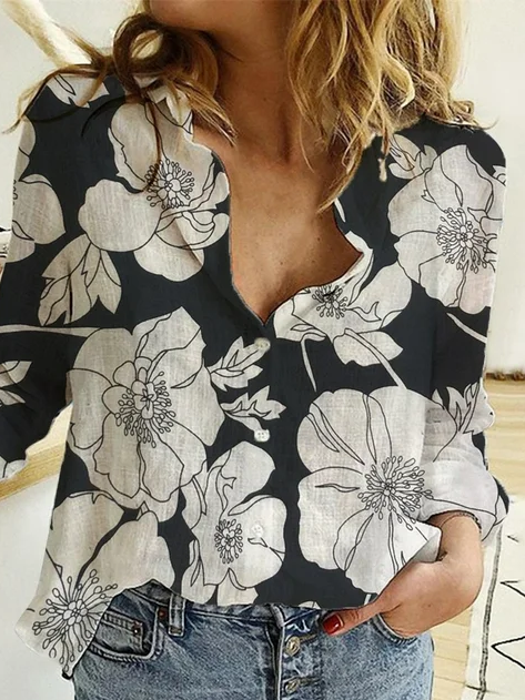 Floral Casual Loose Shawl Collar Blouse