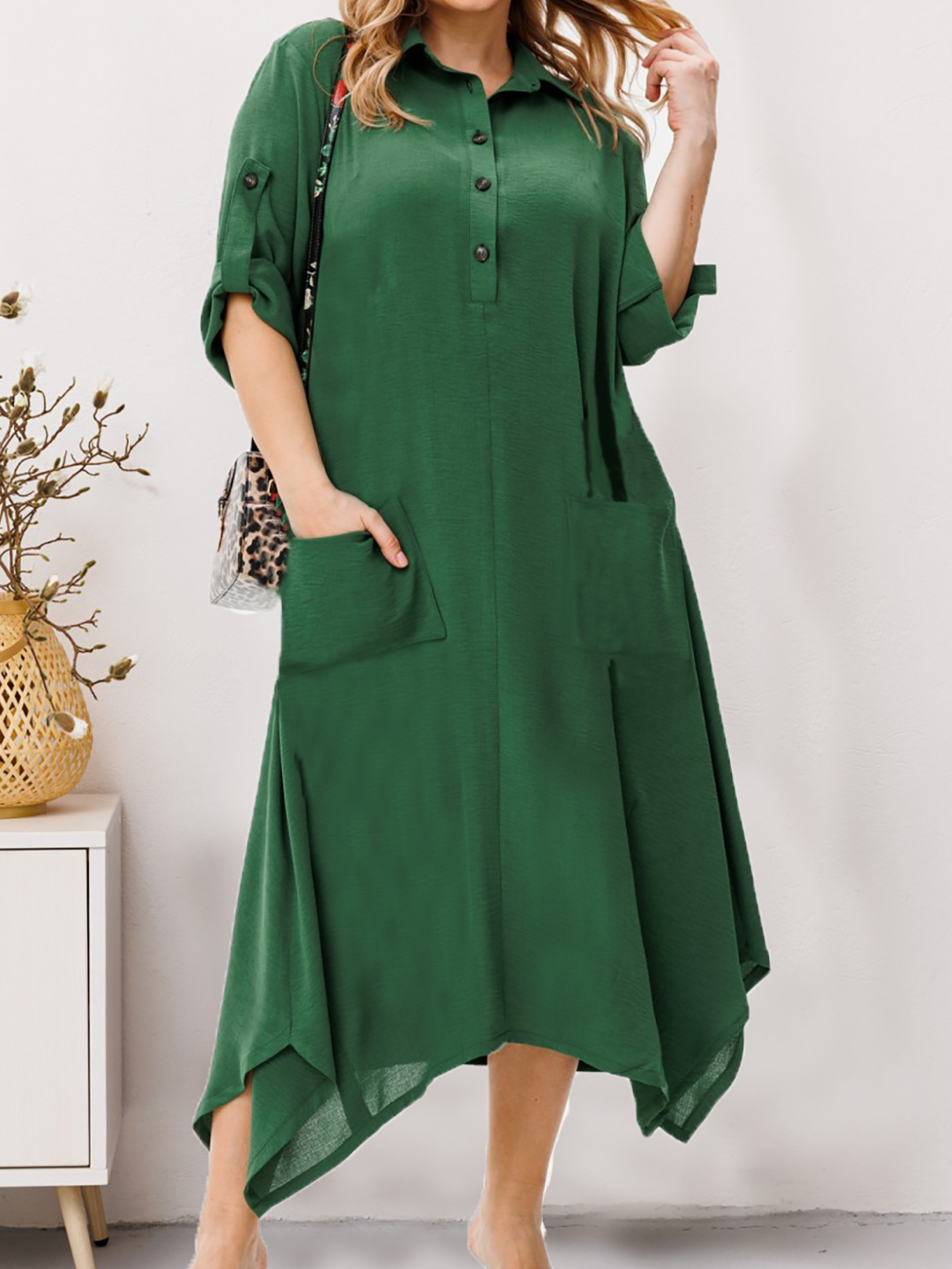 Casual Plain Shawl Collar Cotton Dress With No