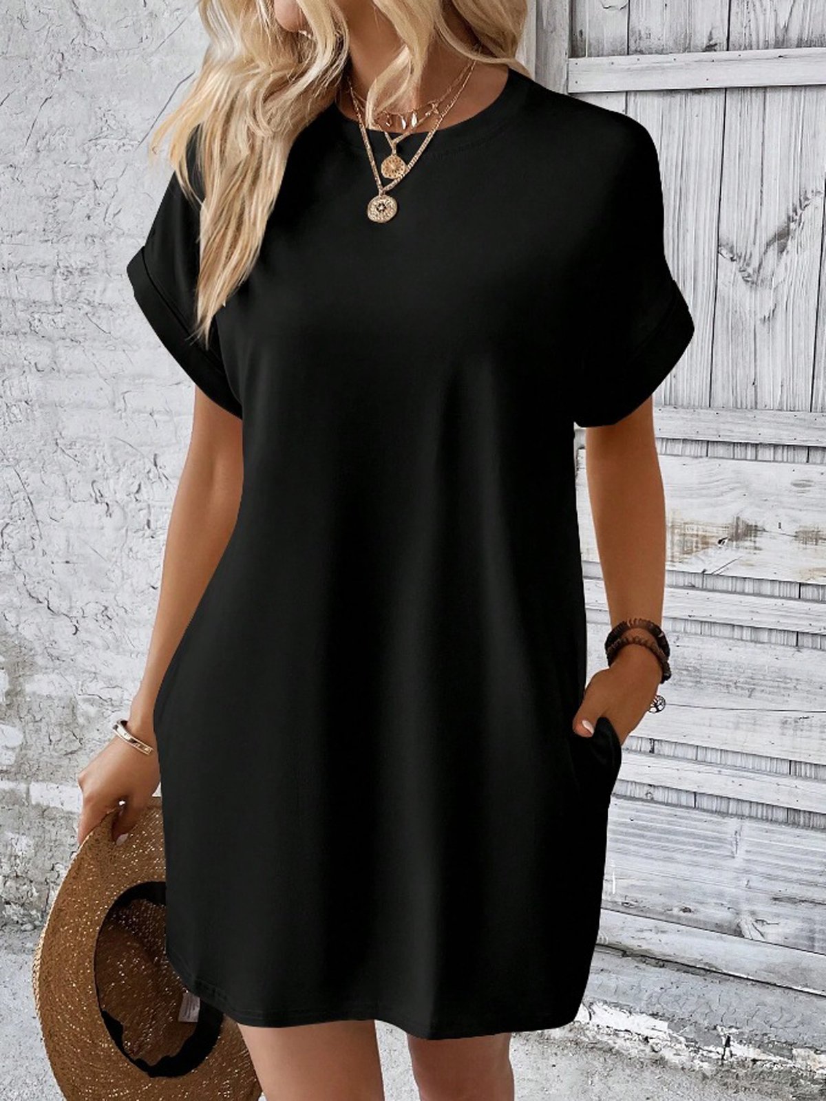 Loose Crew Neck Plain Casual Dress With No