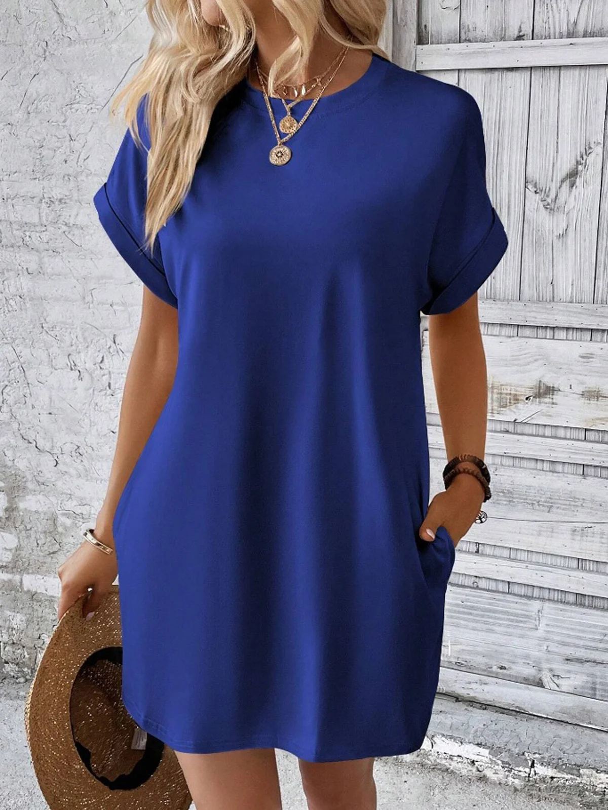 Loose Crew Neck Plain Casual Dress With No