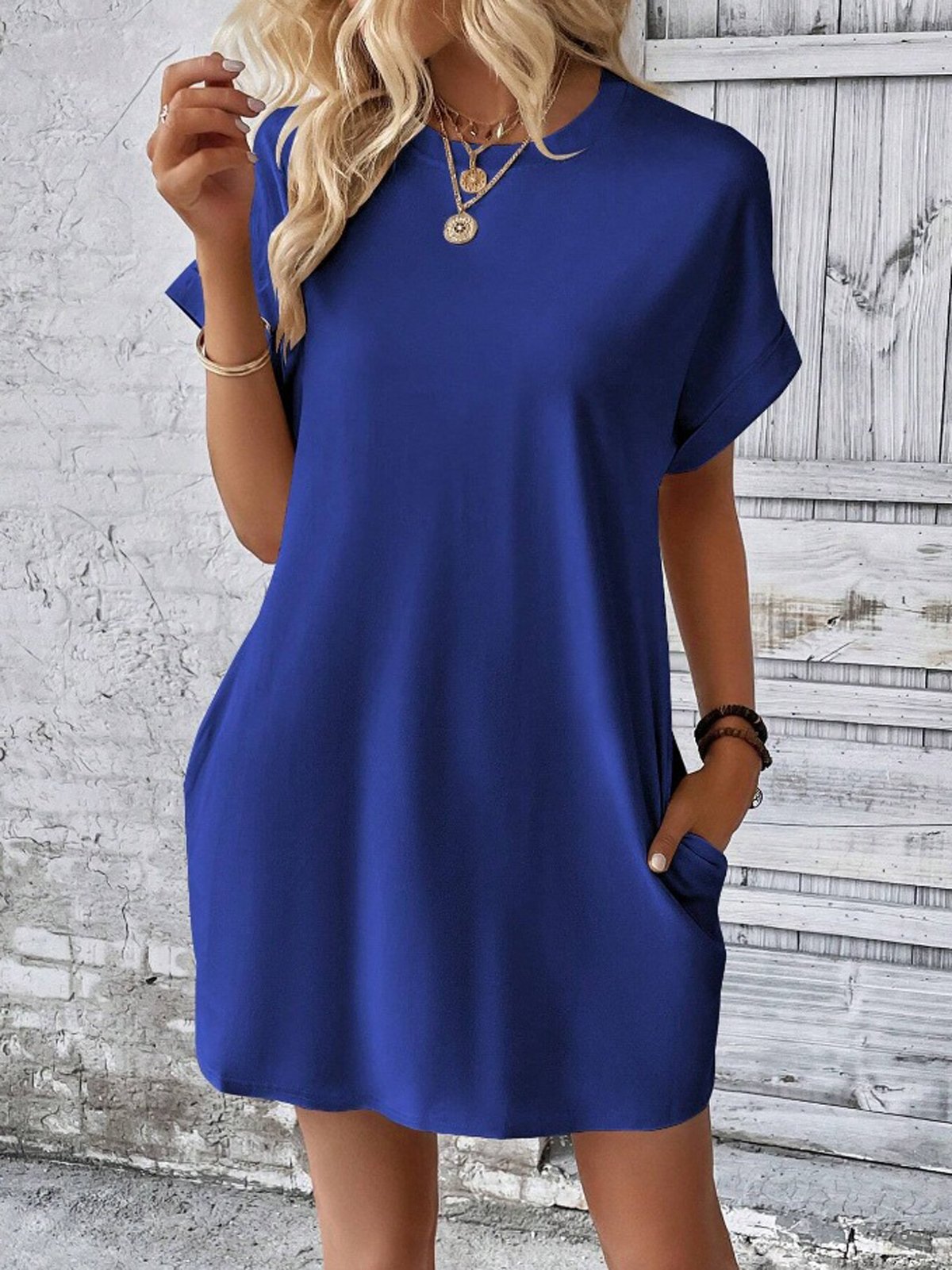 Loose Crew Neck Plain Casual Dress With No