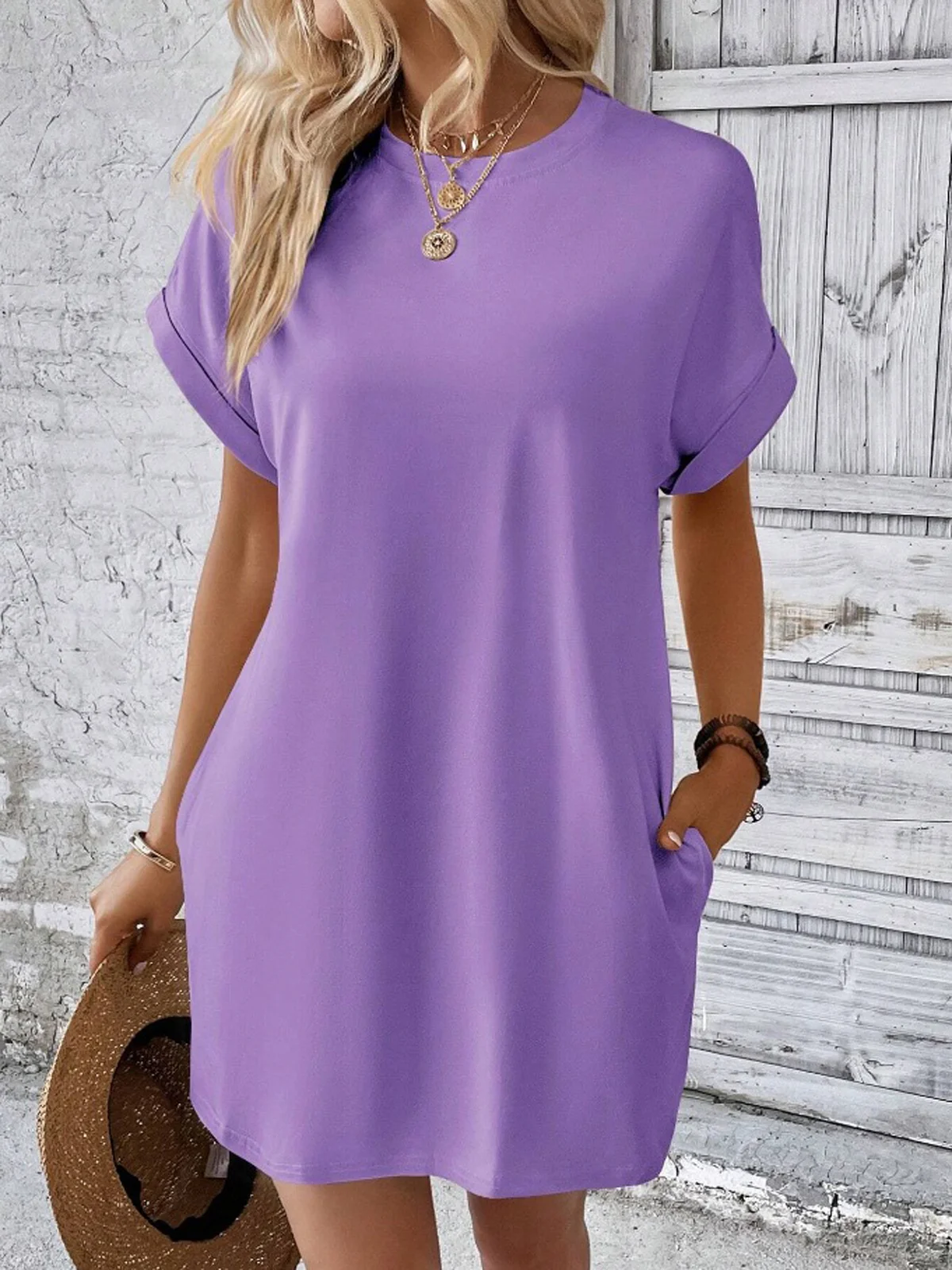 Loose Crew Neck Plain Casual Dress With No