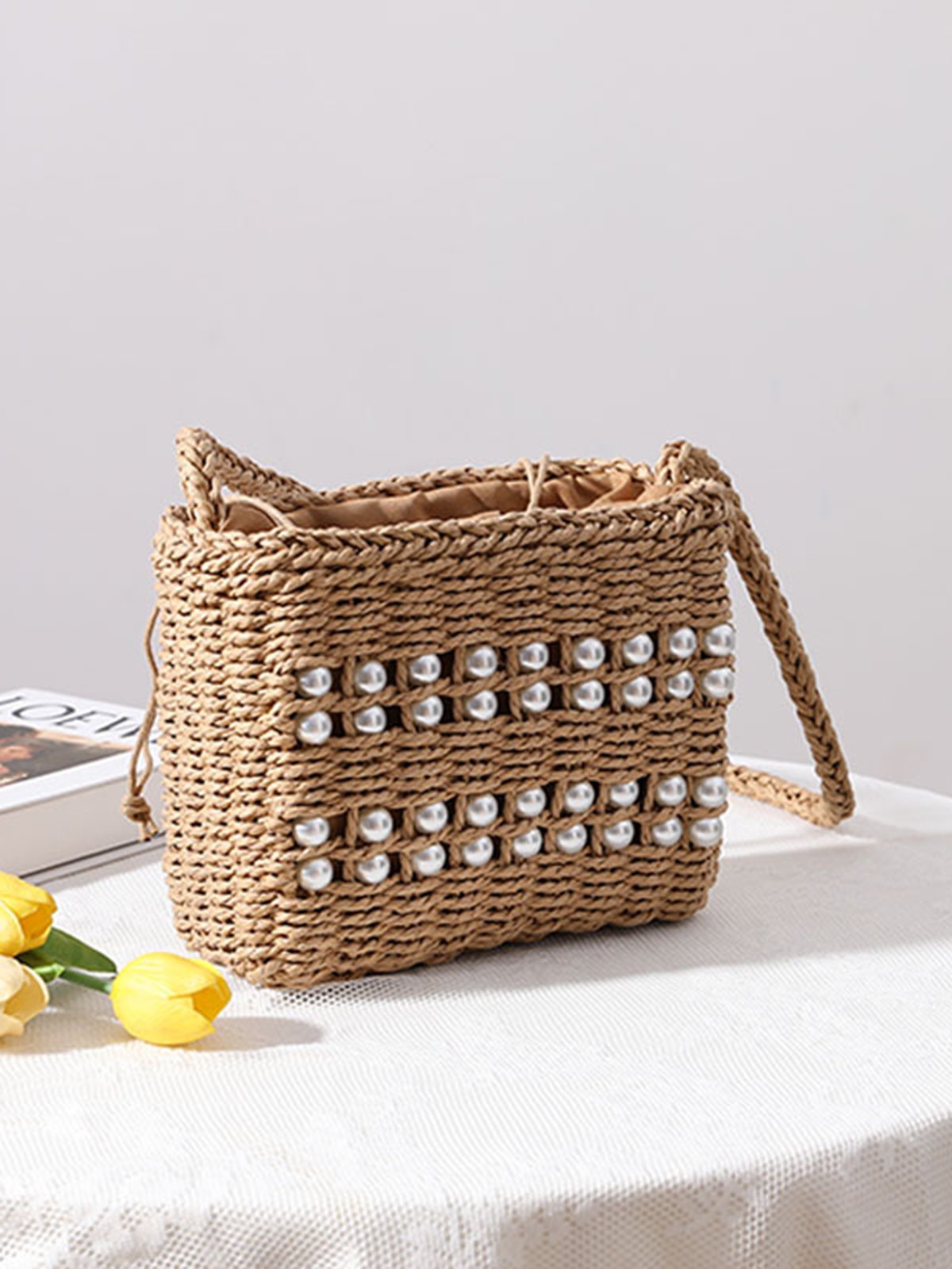 Imitation Pearls Vacation Drawstring Straw Crossbody Bag