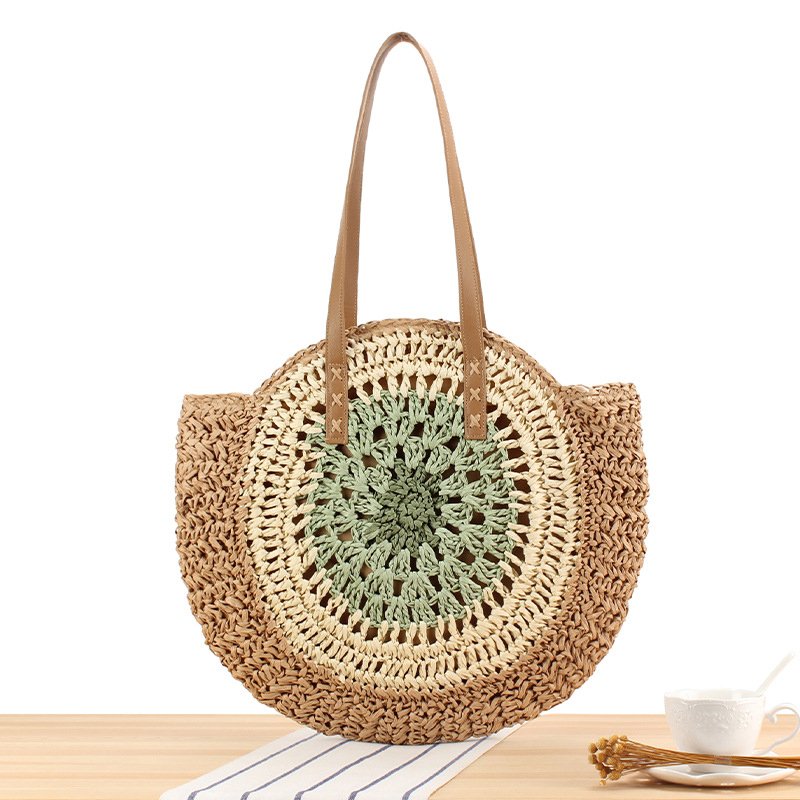 New simple round shoulder straw bag hollow handwoven bag seaside beach fashion women's bag