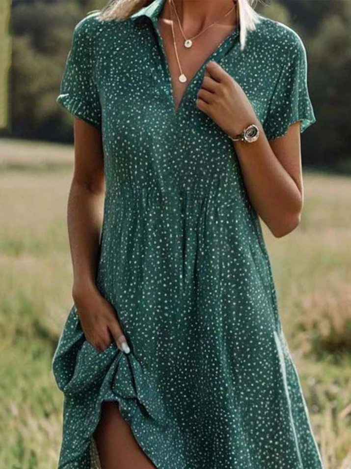 Women's Short Sleeve Summer Polka Dots Sundress Shirt Collar V Neck Going Out Casual A-Line Midi Dress Green Blue Red