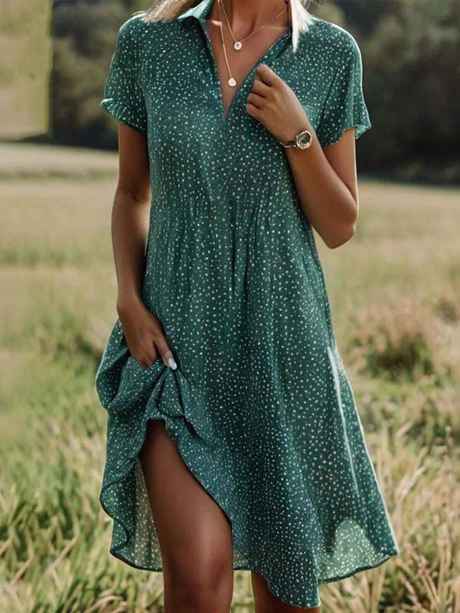 Women's Short Sleeve Summer Polka Dots Sundress Shirt Collar V Neck Going Out Casual A-Line Midi Dress Green Blue Red