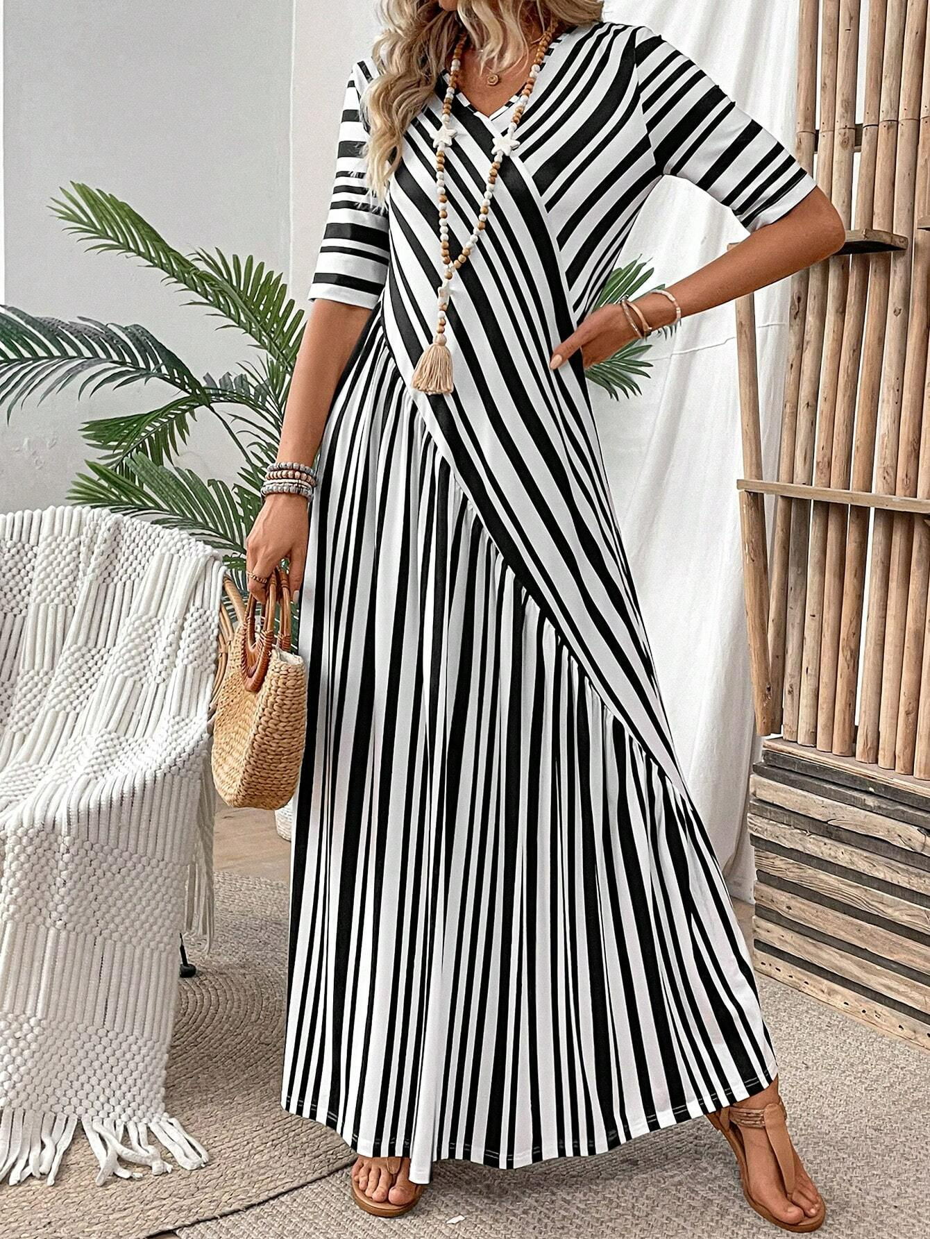 Casual Black And White Colorblock V Neck Dress