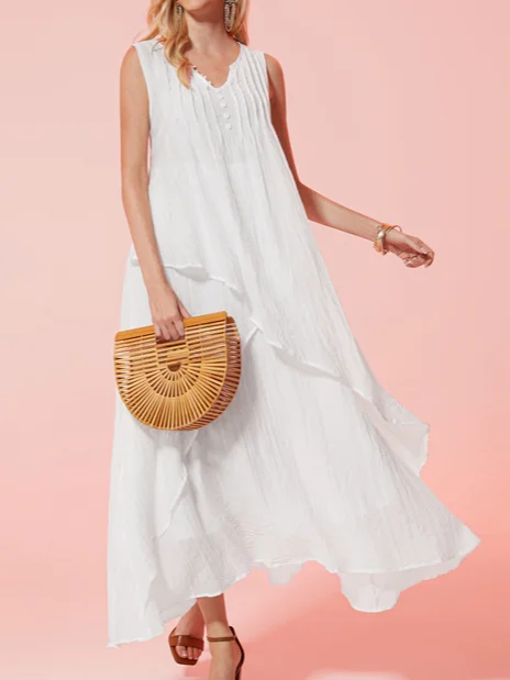 Swing Dress Maxi long Dress Cotton Blend Basic Elegant Outdoor Daily V Neck Button Pocket Sleeveless dresses