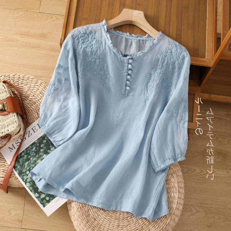 Casual Cotton And Linen Blouse