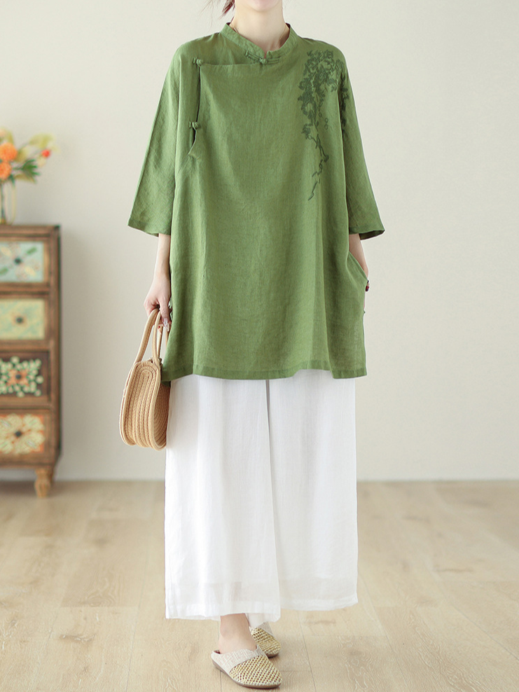 Cotton Loose Casual Stand Collar Blouse Roselinlin