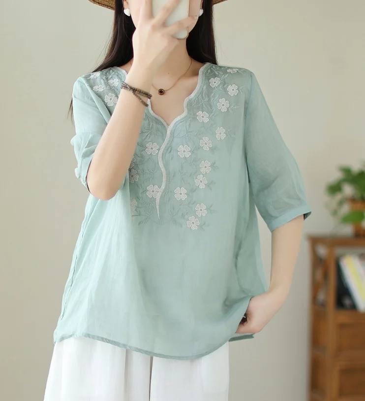 Embroidery Patterns Cotton And Linen V Neck Casual Blouse