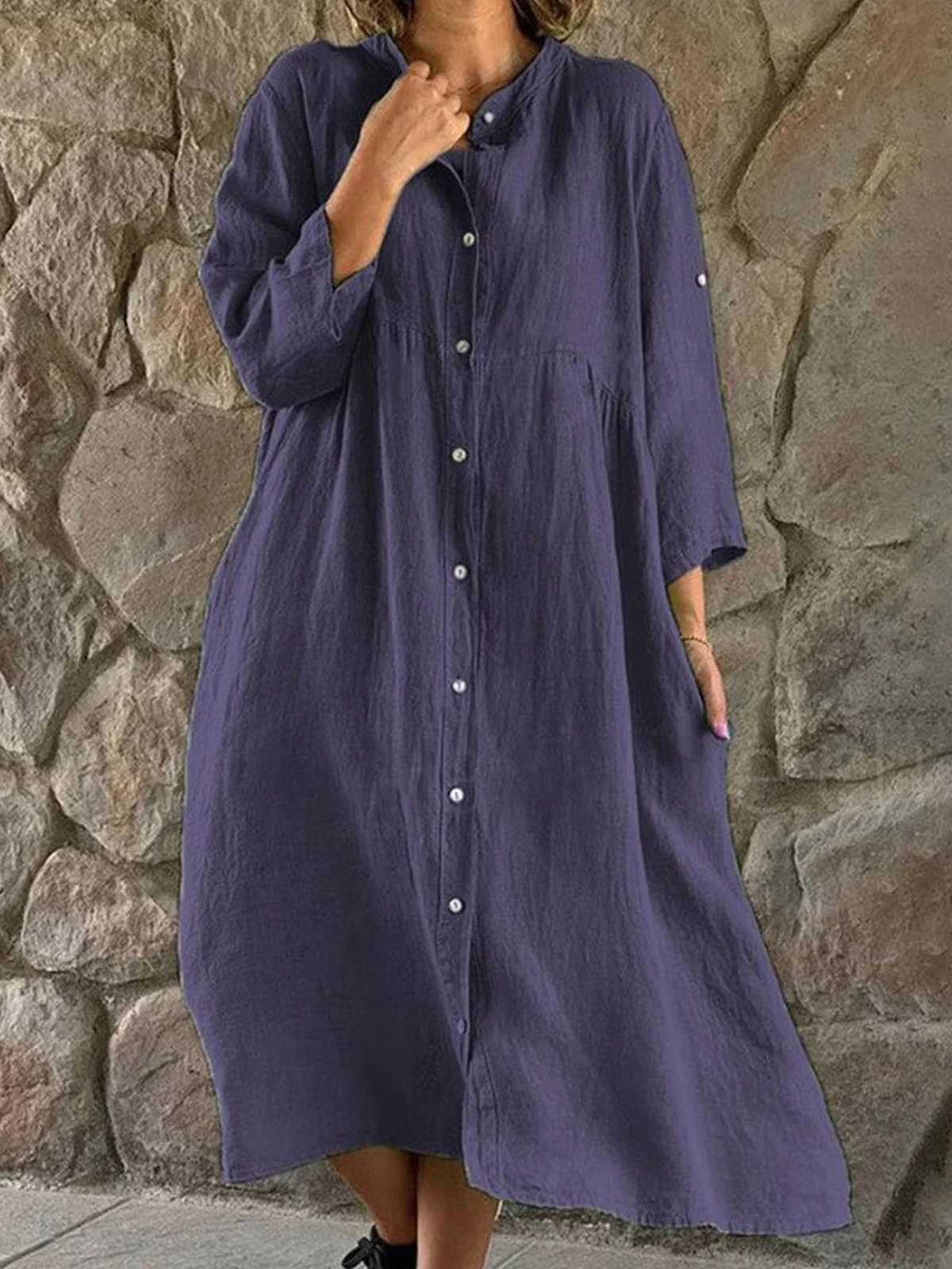 Cotton And Linen Casual Dress With No