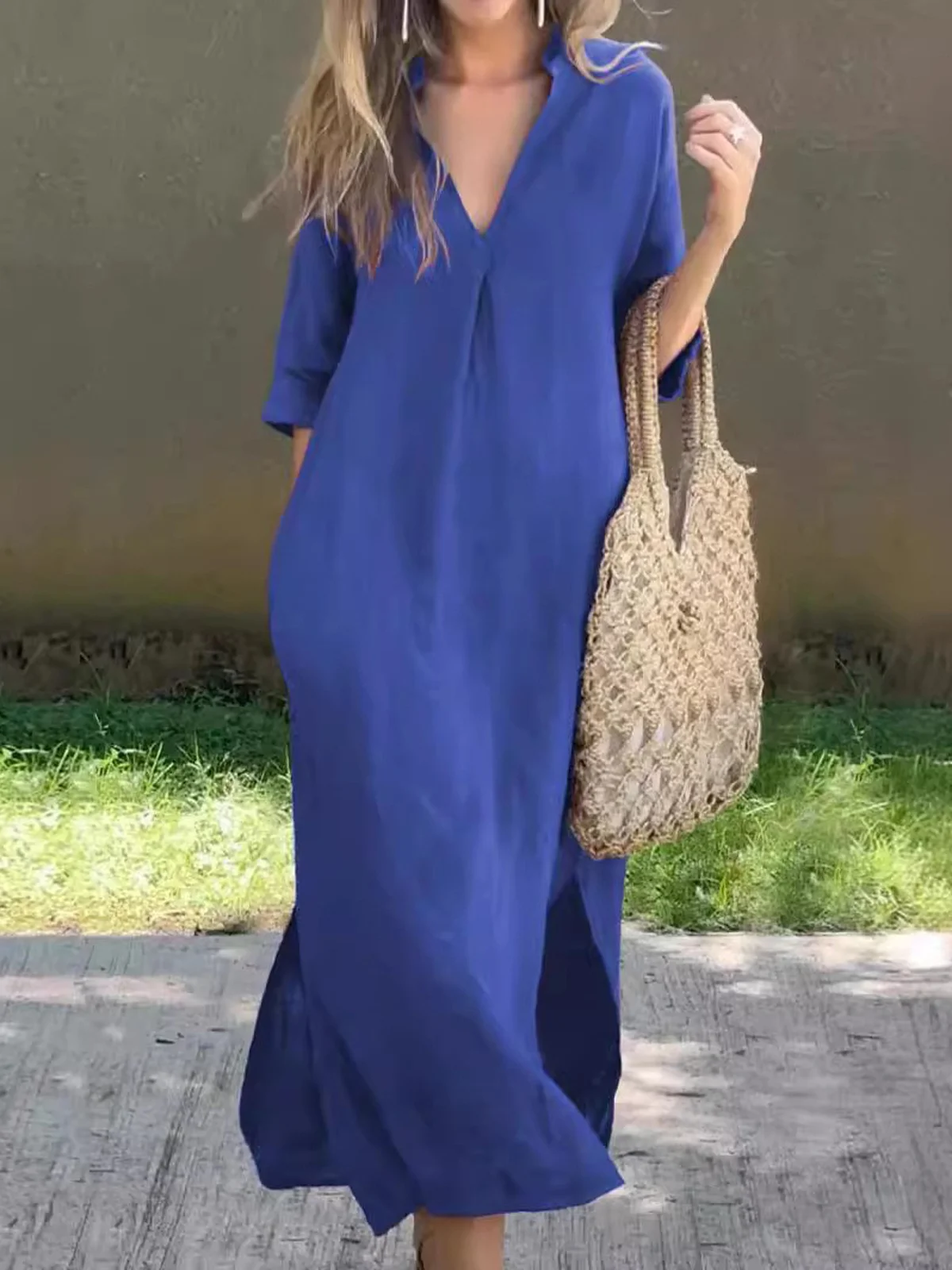 Women's Solid Color Side Slit Pocket V Neck 7 Point Sleeve Chest Pleated Dress