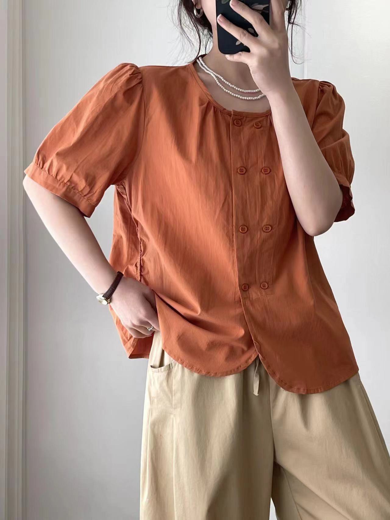 Casual Plain Cotton-Blend Crew Neck Blouse