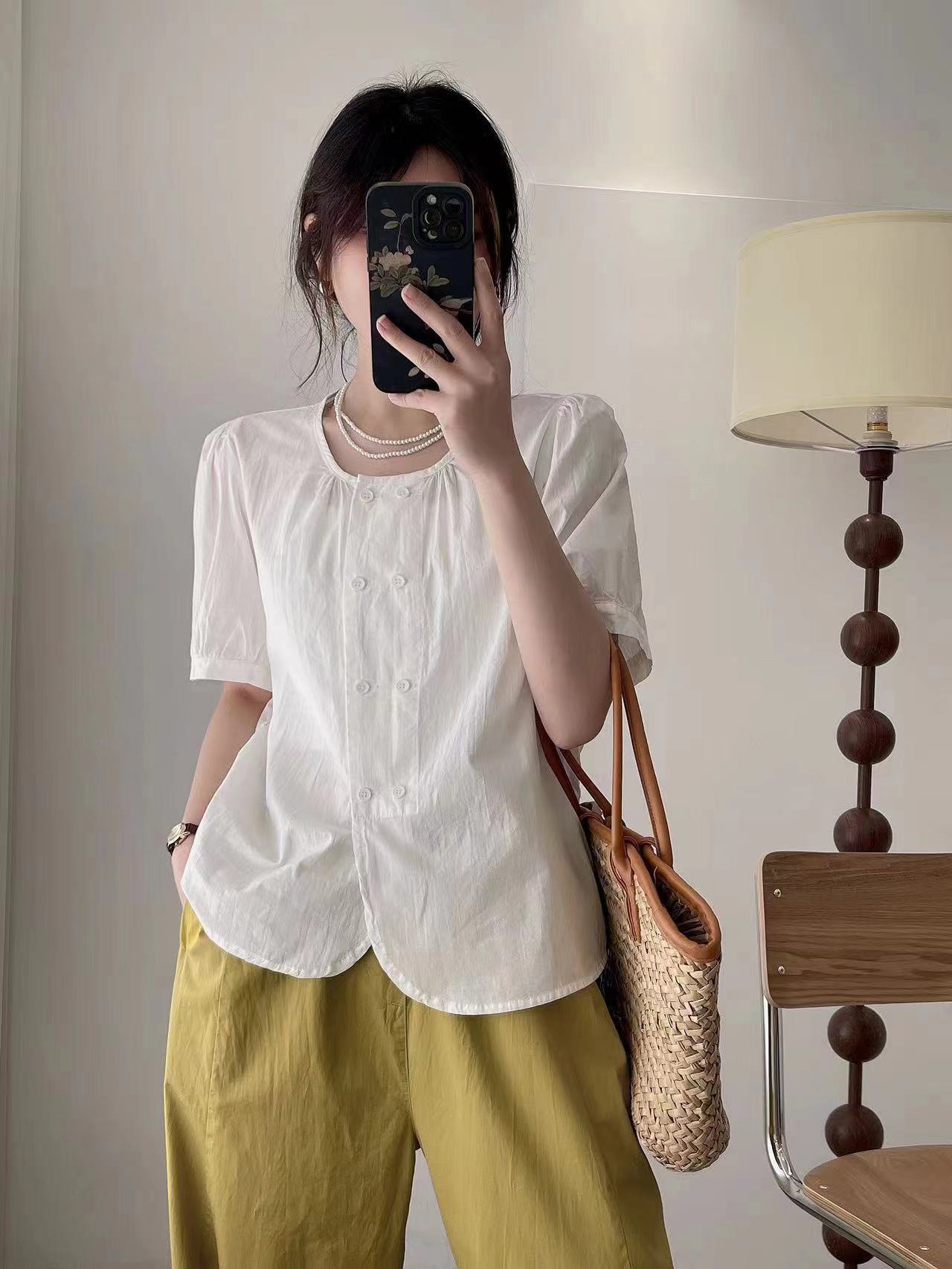 Casual Plain Cotton-Blend Crew Neck Blouse