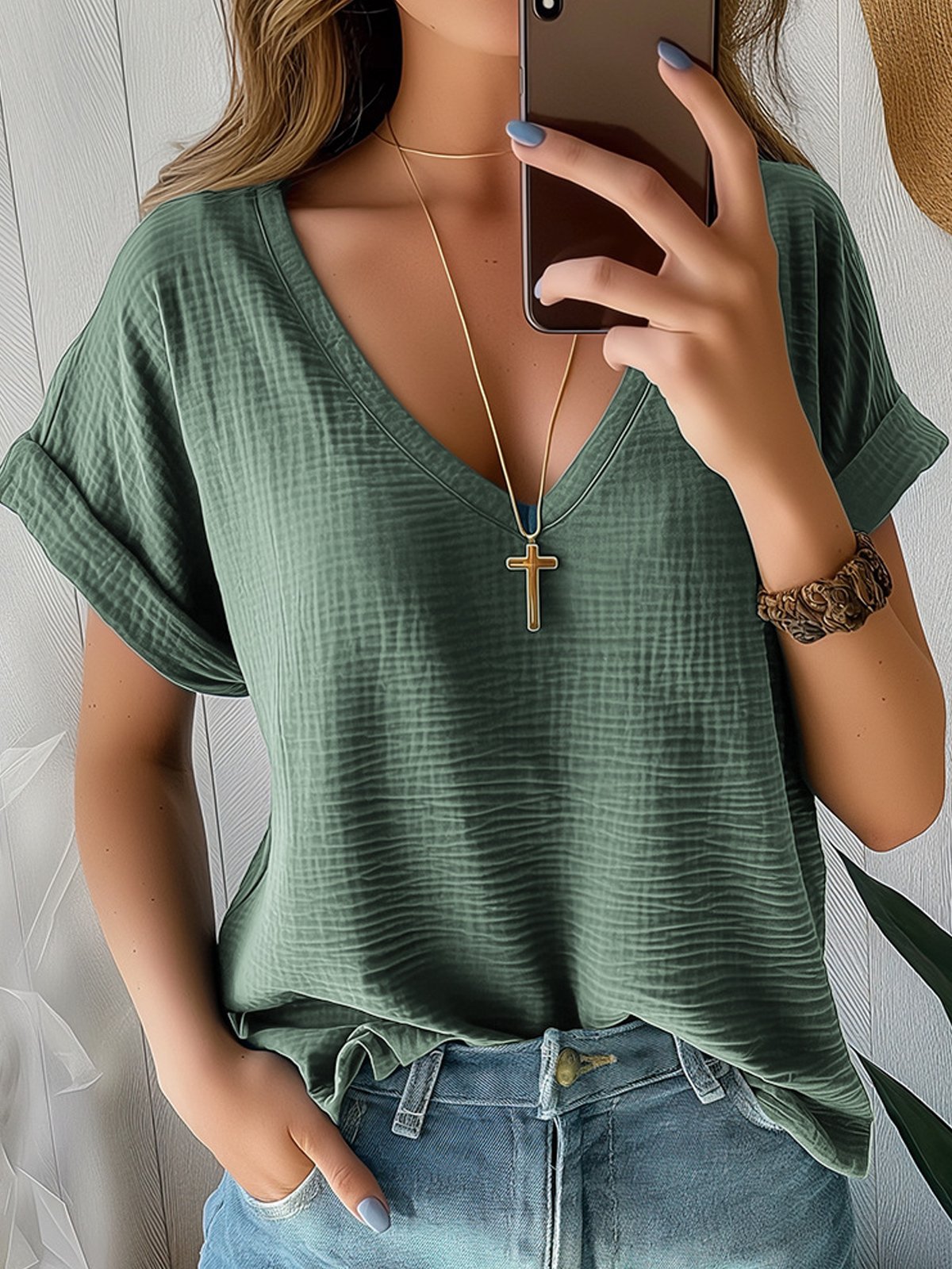 Casual Loose V Neck Plain Shirt