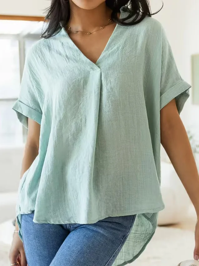 Plain Cotton Loose Vacation Blouse