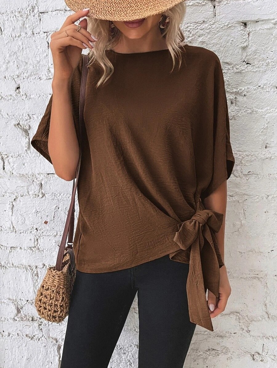 Crew Neck Vacation Loose Plain Shirt