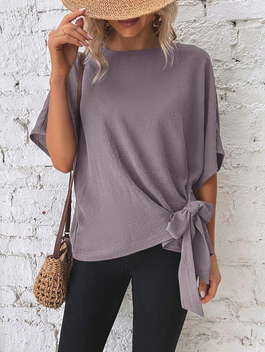 Crew Neck Vacation Loose Plain Shirt