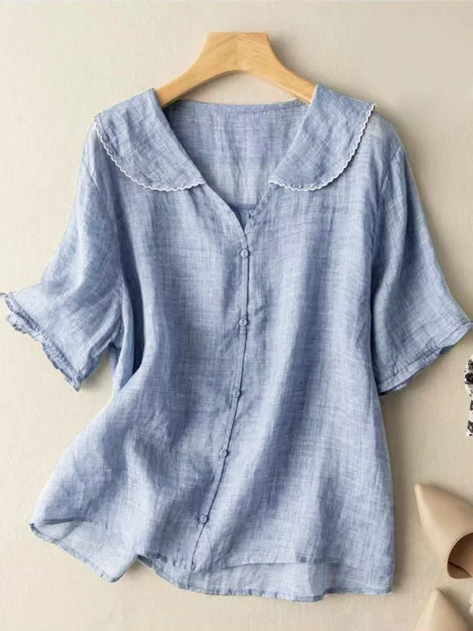 Simple Cotton Blend Plain Loose Linen Style Blouse Roselinlin