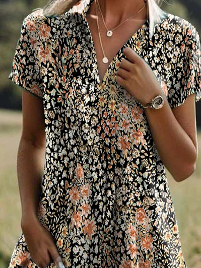 Women's Short Sleeve Summer Brown Floral Shirt Collar Daily Going Out Casual Midi A-Line