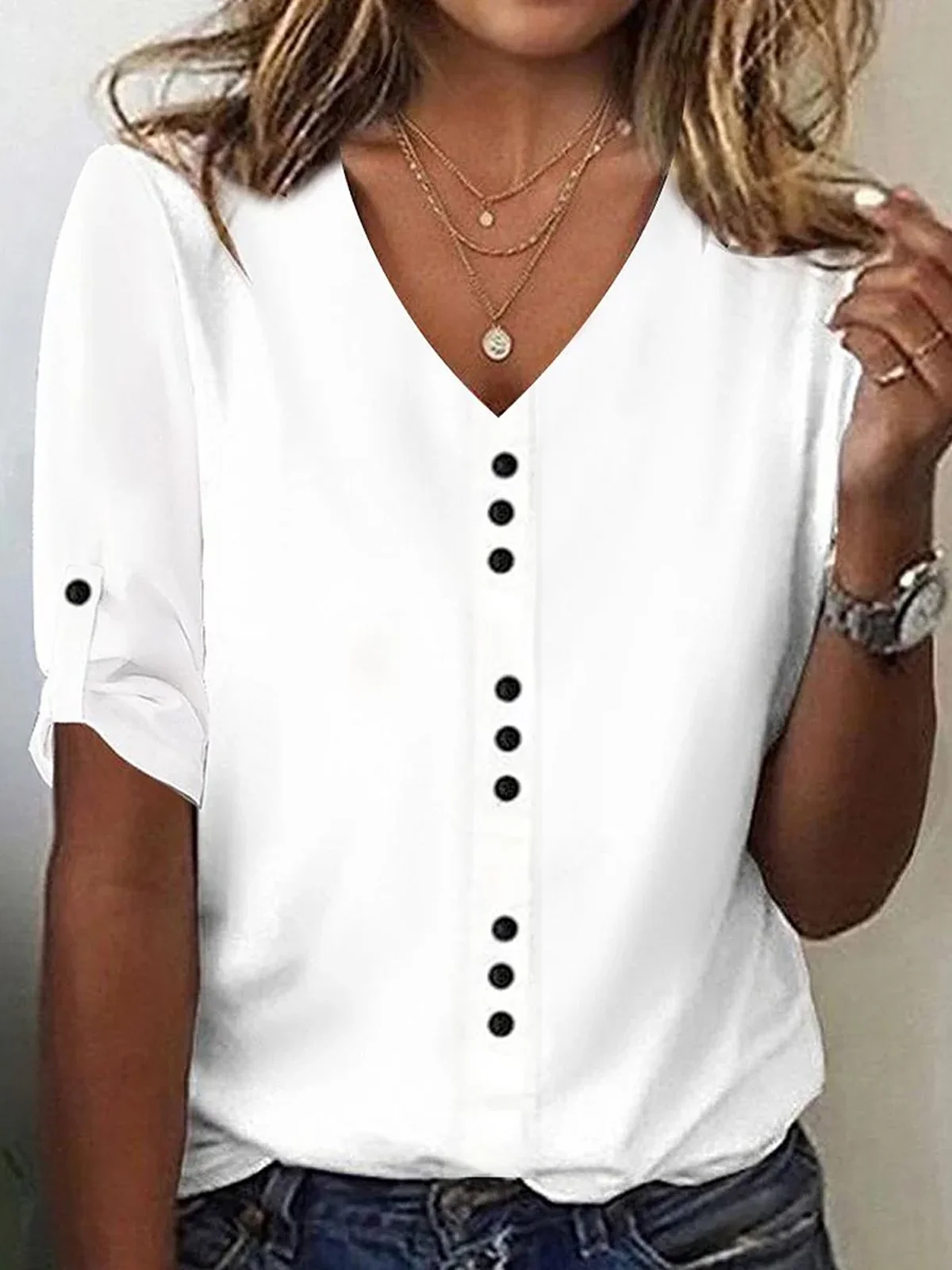 Women Plain V Neck Casual Half Sleeve T-shirt