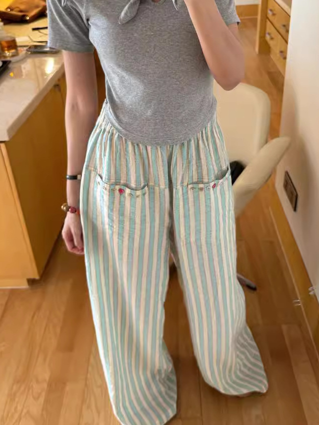 Loose Casual Striped Polyester Cotton Pants