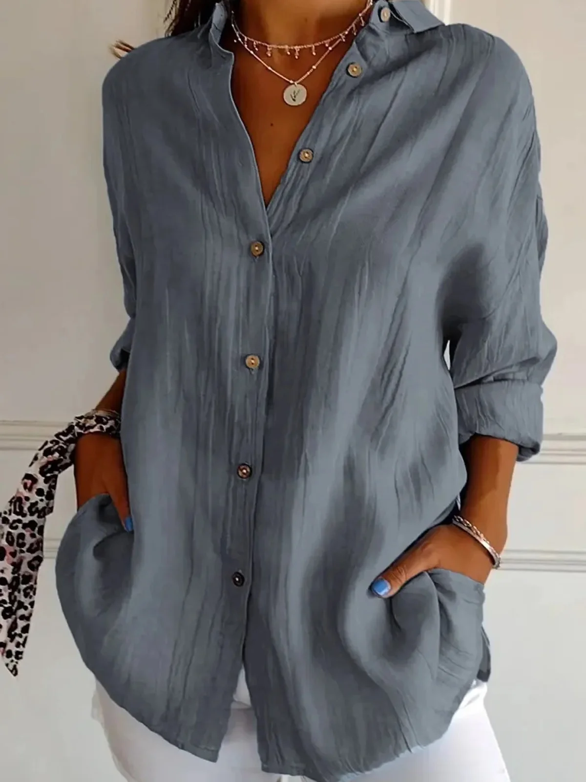 Women's Shirt Causal Tops Solid Color Cotton Linen Casual Daily Basic Long Sleeve Spring Fall