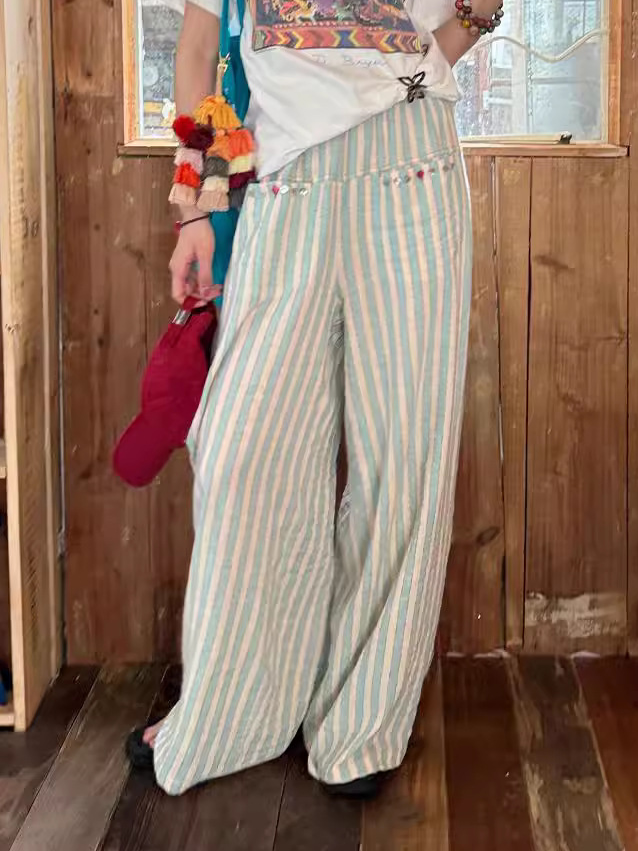 Loose Casual Striped Polyester Cotton Pants